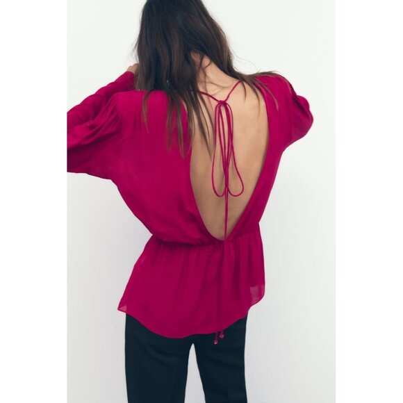 NWOT Zara Women's Fuchsia  Open Back Long Sleeve Blouse S | 8694/573 - Picture 4 of 7